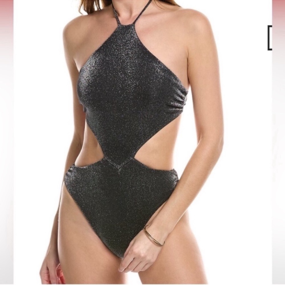 Ramy Brook Ibiza Metallic Cutout One Piece Swimsuit Black Silver XXS NWT
